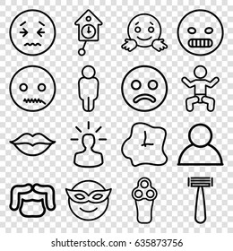 Face icons set. set of 16 face outline icons such as baby, razor, electric razor, man hairstyle, love, user bulb, wall clock, pendulum, emoji in mask, angry emot