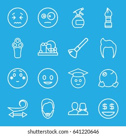 Face icons set. set of 16 face outline icons such as baby toy, man hairstyle, man and woman, electric razor, shaving brush, brush, spray bottle, curly hair, smiling emot