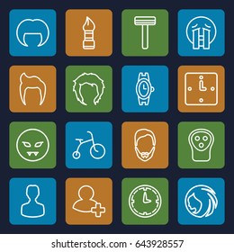 Face icons set. set of 16 face outline icons such as child bicycle, man hairstyle, woman hairstyle, razor, brush, hairstyle, wrist watch, electric razor, add friend