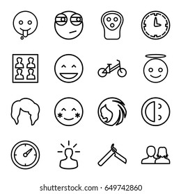Face icons set. set of 16 face outline icons such as child bicycle, woman hairstyle, man and woman, bllade razor, electric razor, photo for passport, clock, user bulb