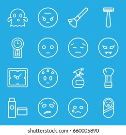 Face icons set. set of 16 face outline icons such as baby food, razor, shaving brush, clock, spray bottle, cream tube, pendulum, sad emot, crying emot, ghost