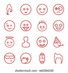Face icons set. set of 16 face outline icons such as man hairstyle, woman hairstyle, wrist watch, smiling emot, crazy emot, emoji angel, smile
