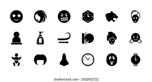 Face icons. set of 18 editable filled face icons: panther, woman hairstyle, spa mask, angry emot, heat the wall emot, happe emoji with star eyes, wall clock, wrist watch, baby