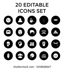 Face icons. set of 20 editable filled face icons such as girl, man hairstyle, electric razor, sad emot, angry emot, user. best quality face elements in trendy style.