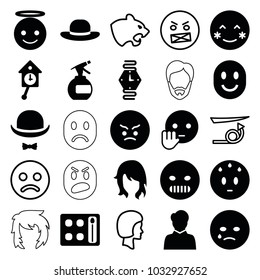 Face icons. set of 25 editable filled and outline face icons such as woman hairstyle, spray bottle, eyeshadow palette, woman hat, blush, crying emot, angry emot, emoji angel