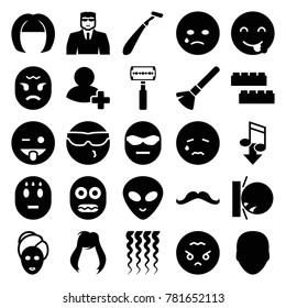 Face Icons. Set Of 25 Editable Filled Face Icons Such As Child Building Kit, Face, Shaving Brush, Spa Mask, Security Guy, Crying Emot, Cool Emot In Sunglasses