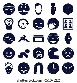 Face icons set. set of 25 face filled icons such as electric razor, cream box, hairstyle, man hairstyle, woman in spa, spa mask, smiling emot, emot in sun glasses