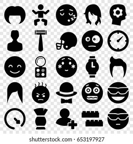 Face icons set. set of 25 face filled icons such as baby, child building kit, man hairstyle, razor, woman hairstyle, eyeshadow palette, brush, smiling emot