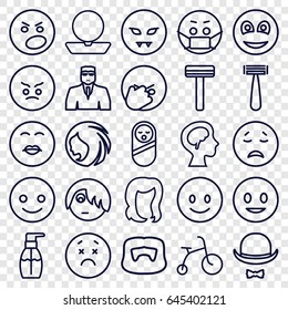 Face icons set. set of 25 face outline icons such as baby food, child bicycle, woman hairstyle, razor, man hairstyle, powder, hairstyle, security guy, bottle soap, human brain