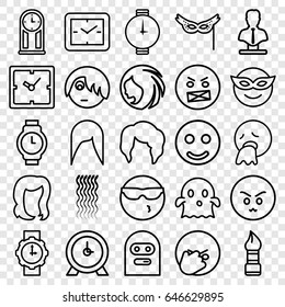Face icons set. set of 25 face outline icons such as woman hairstyle, clock, brush, curly hair, hairstyle, bust, mask, wrist watch, wrist watch for woman, pendulum