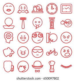 Face icons set. set of 25 face outline icons such as panther, child bicycle, baby toy, razor, shaving brush, eyelash, powder, gear in head, hat and moustache, wall clock