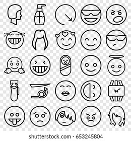 Face icons set. set of 25 face outline icons such as baby food, woman hairstyle, electric razor, straight hair, bottle soap, face, wall clock, wrist watch, smiling emot