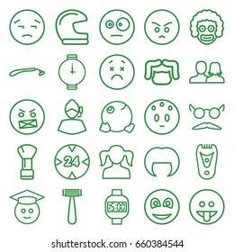 Face icons set. set of 25 face outline icons such as man and woman, girl, razor, shaving brush, woman hairstyle, man hairstyle, electric razor, mustache and glasses, smiley