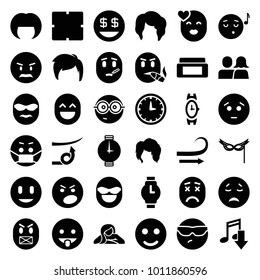 Face icons. set of 36 editable filled face icons such as cream box, clock, woman hairstyle, wrist watch, smile, sad emot, crying emot, emoji listening music, nerd emoji