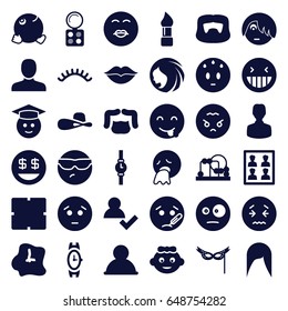 Face icons set. set of 36 face filled icons such as baby girl, baby toy, woman hairstyle, man, clock, brush, man hairstyle, eyeshadow palette, wrist watch, eyelashes