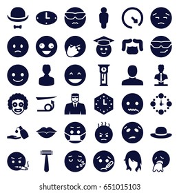 Face icons set. set of 36 face filled icons such as man, razor, woman hairstyle, straight hair, man hairstyle, security guy, liquid soap, woman hat, bust, smiling emot