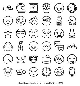 Face icons set. set of 36 face outline icons such as child bicycle, baby, woman hairstyle, clock, man hairstyle, eyeshadow palette, electric razor, bottle soap, woman hat