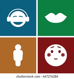 Face icons set. set of 4 face filled icons such as lips, shy, emoji