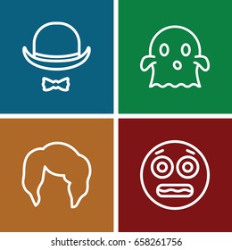Face icons set. set of 4 face outline icons such as woman hairstyle, hat and moustache, ghost