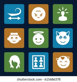 Face icons set. set of 9 face filled icons such as baby girl, woman hairstyle, curly hair, emoji angel, emot in love, devil emot, angry emoji, photo for passport