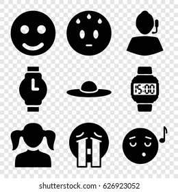 Face icons set. set of 9 face filled icons such as girl, woman hat, sweating emot, emoji listening music, crying emoji, wrist watch, wrist dial watch, support