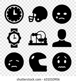 Face icons set. set of 9 face filled icons such as baby toy, man, sad emot, crying emot, american football helmet, wall clock, wrist watch for woman
