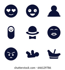 Face icons set. set of 9 face filled icons such as baby food, baby basket, baby, crazy emot, angry emot, hat and bow