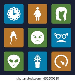 Face icons set. set of 9 face filled icons such as electric razor, woman hairstyle, hairstyle, mustache and glasses, sad emot, alien head, wall clock