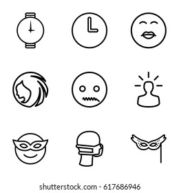 Face icons set. set of 9 face outline icons such as woman hairstyle, medical mask, mask, user bulb, wall clock, wrist watch, emoji in mask, kiss emot