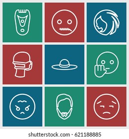 Face icons set. set of 9 face outline icons such as woman hairstyle, man hairstyle, electric razor, woman hat, medical mask, upset emot, bye emot, emot with zipper mouth