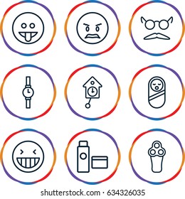 Face icons set. set of 9 face outline icons such as baby food, electric razor, mustache and glasses, cream tube, wrist watch, pendulum, laughing emot, angry emot