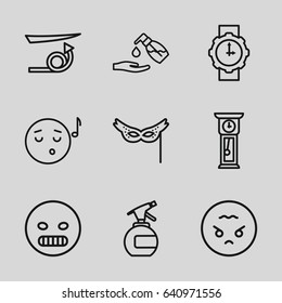 Face icons set. set of 9 face outline icons such as spray bottle, straight hair, liquid soap, mask, wrist watch for woman, pendulum, angry emot, emoji listening music