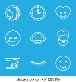 Face icons set. set of 9 face outline icons such as woman hairstyle, eyelash, straight hair, man hairstyle, heart face, wall clock, crying emot, emot showing tongue