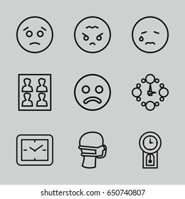 Face icons set. set of 9 face outline icons such as medical mask, photo for passport, wall clock, pendulum, sad emot, crying emot, angry emoji, sad smiley