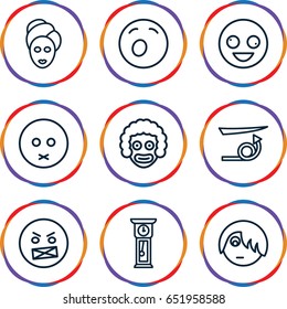 Face icons set. set of 9 face outline icons such as straight hair, spa mask, pendulum, crazy emot, sad emot