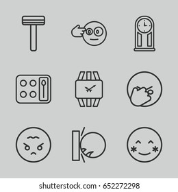 Face icons set. set of 9 face outline icons such as razor, eyeshadow palette, wrist watch, pendulum, blush, heat the wall emot, facepalm emot, head bang emot