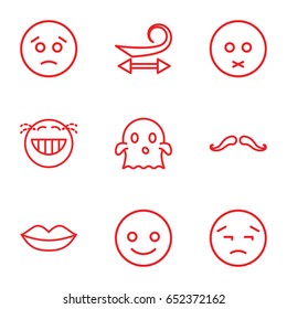 Face icons set. set of 9 face outline icons such as mustache, curly hair, lips, smiling emot, sad emot