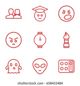 Face icons set. set of 9 face outline icons such as man and woman, brush, eyeshadow palette, wrist watch, angry emot, graduate emoji, ghost