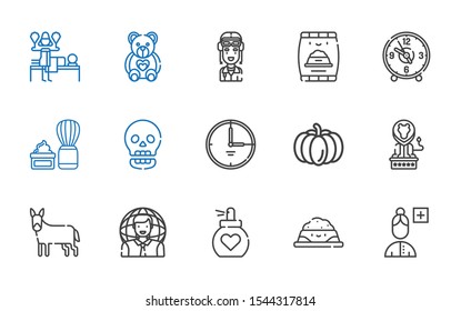 face icons set. Collection of face with add user, pet food, perfume, user, donkey, lion, pumpkin, time, skull, shaving brush, clock, pilot, teddy bear. Editable and scalable face icons.
