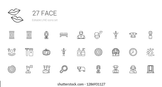 face icons set. Collection of face with clown, pilot, ox, rattle, devil, remove user, clock, user, wall clock, perfume, woman, pumpkin, shaver. Editable and scalable face icons.