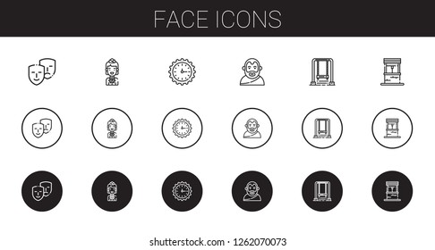 face icons set. Collection of face with comedy, stewardess, wall clock, aristotle, swing, well. Editable and scalable face icons.