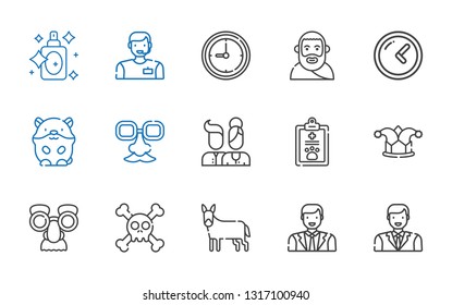 face icons set. Collection of face with man, donkey, skull, mask, joker, pet, users, face mask, hamster, clock, plato, perfume. Editable and scalable icons.