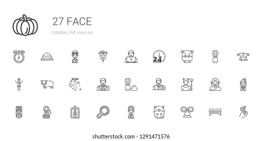 face icons set. Collection of face with face mask, hamster, pilot, rattle, pet, lion, mask, devil, user, shaving brush, man, razor, ox, woman. Editable and scalable icons.