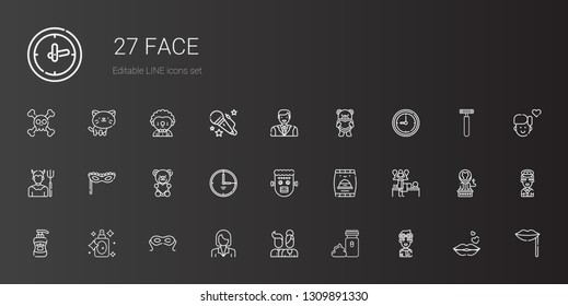 face icons set. Collection of face with pilot, electric razor, users, businesswoman, eye mask, perfume, shampoo, massage, pet food, frankenstein. Editable and scalable face icons.