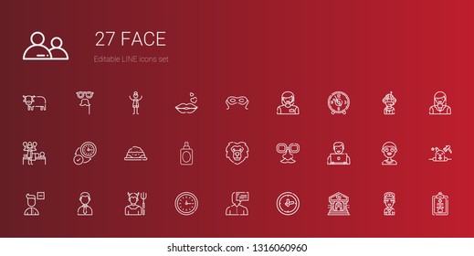 face icons set. Collection of face with theater, clock, user, wall clock, devil, businessman, remove user, face mask, lion, perfume, pet food. Editable and scalable icons.