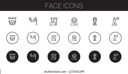 face icons set. Collection of face with tiger, eye mask, devil, plato, pilot, add user. Editable and scalable face icons.