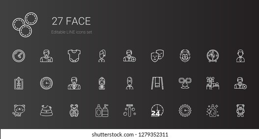face icons set. Collection of face with wall clock, hours, razor, perfume, teddy bear, poop, cat, face mask, swing, user, stewardess, man, pet. Editable and scalable face icons.