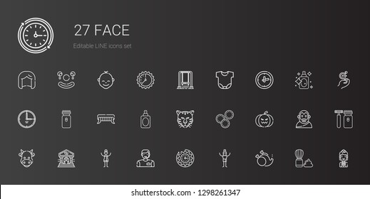 face icons set. Collection of face with without, man, clock, woman, theater, cow, pumpkin, makeup remover wipes, tiger, perfume, fangs, electric razor. Editable and scalable face icons.