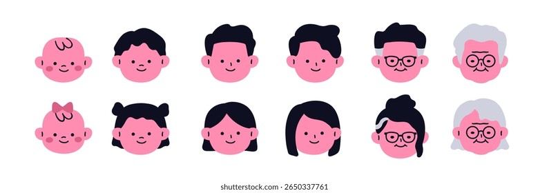Ícones de rosto definidos, idades diferentes de bebê para sênior. Personagens masculinos e femininos, desde bebês, crianças, adultos jovens até adultos, idosos e idosos. Ilustração de vetor plano isolada no plano de fundo branco