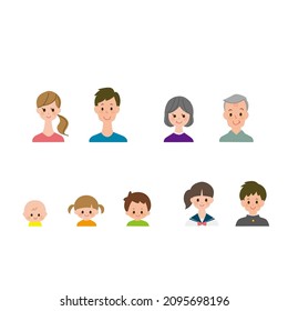 Face icons of three households (grandparents, parents, children, baby).
